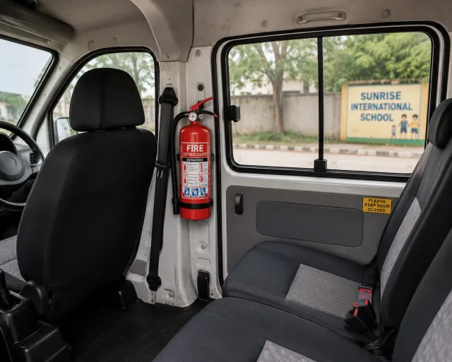 Fire extinguisher mounted beside the driver’s seat in an Eeco school van