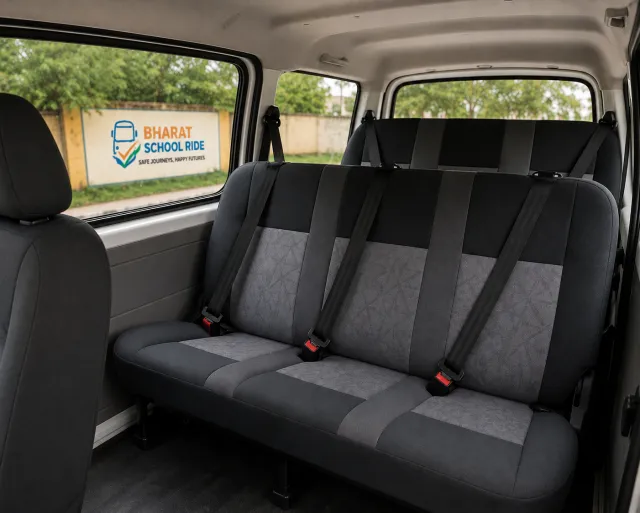 Bench seat in an Eeco school van with a working seat belt at every position