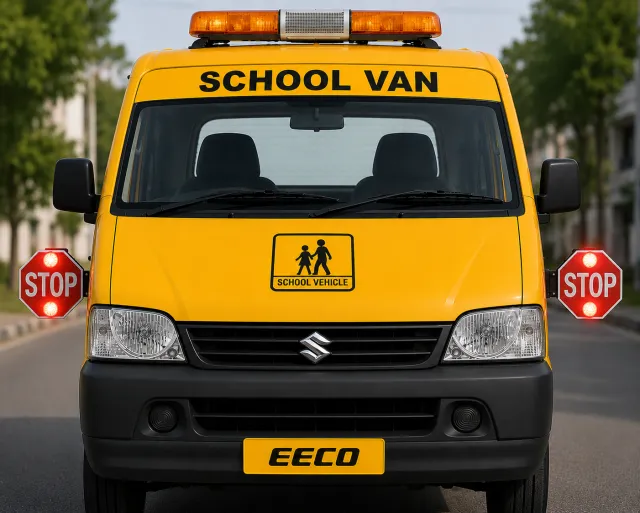 Eeco school van with fold-out stop signs deployed on both sides and amber beacon on the roof