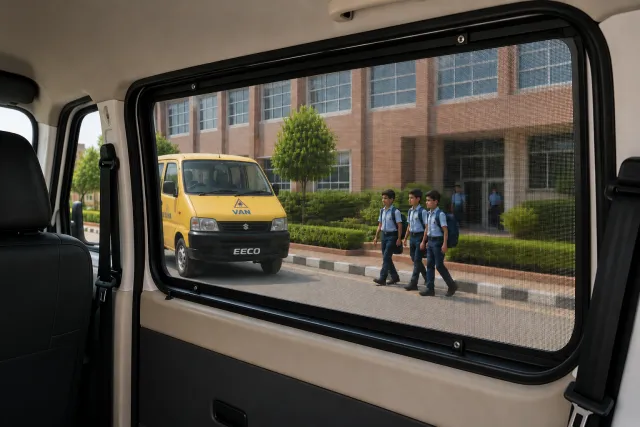 Protective mesh guard fitted across the window of an Eeco school van