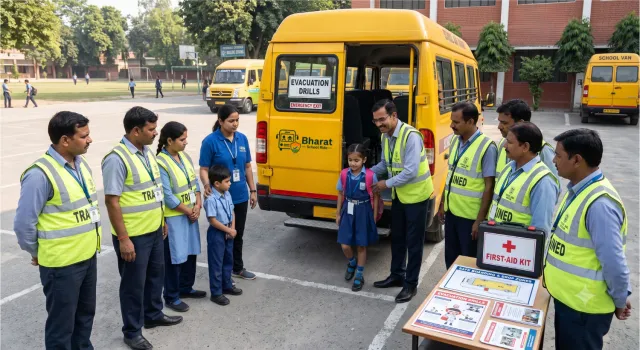 Drivers in high-visibility vests at a child-safety training session, practising boarding drills beside a school van