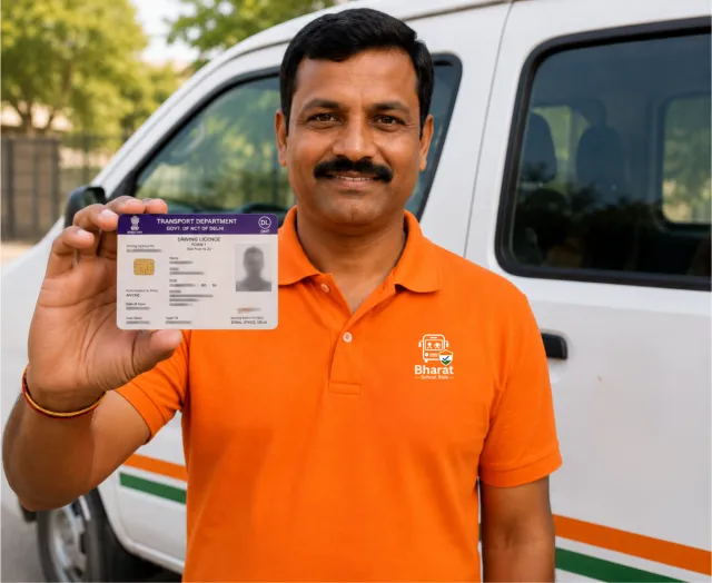 Bharat School Ride driver holding up his driving licence in front of his van