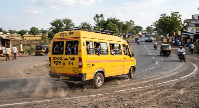 Yellow school van driving on an open road, its speed tracked from the driver’s app