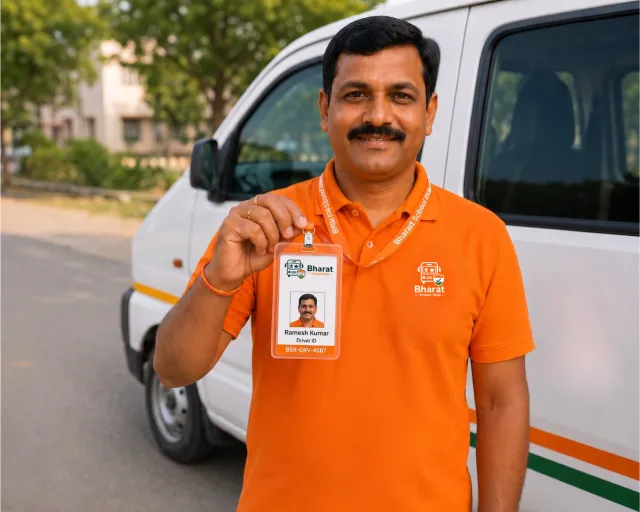 Driver holding up his Bharat School Ride photo ID badge on a lanyard