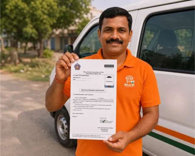 Driver holding his police clearance certificate in front of his school van