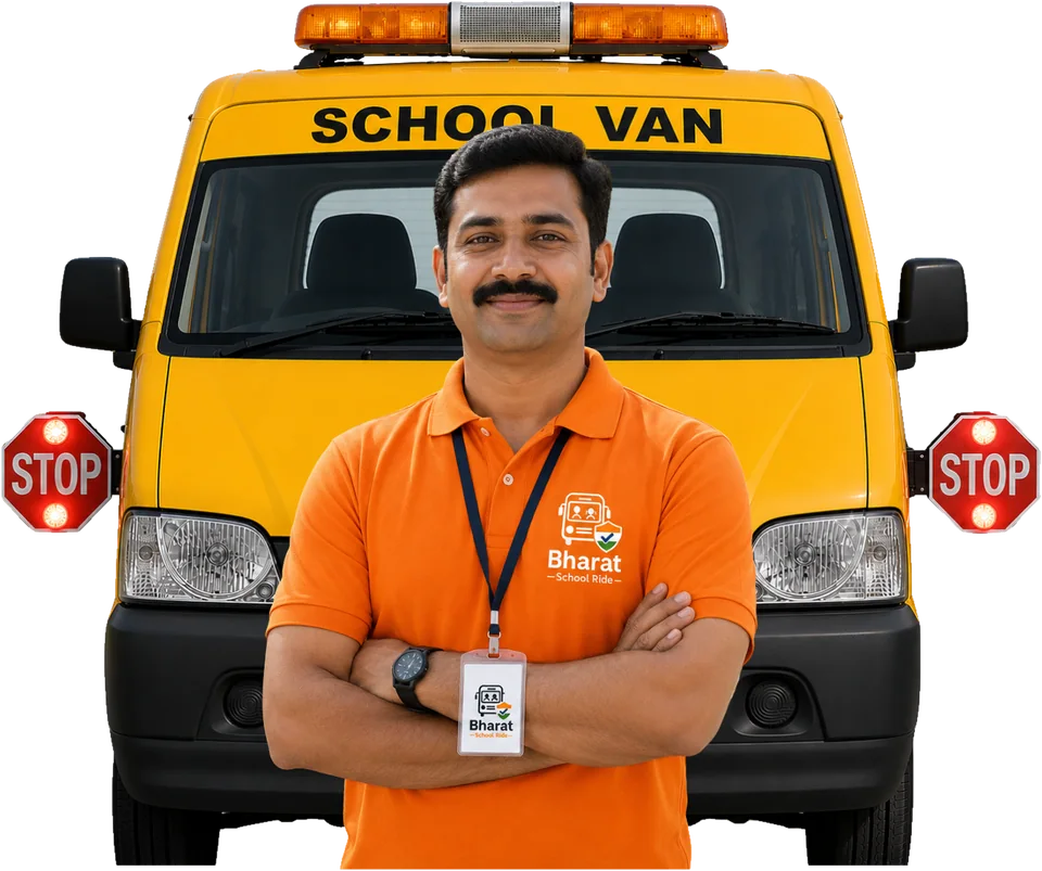 A verified Bharat School Ride driver with ID badge, standing in front of a safety-fitted yellow school van with stop signs