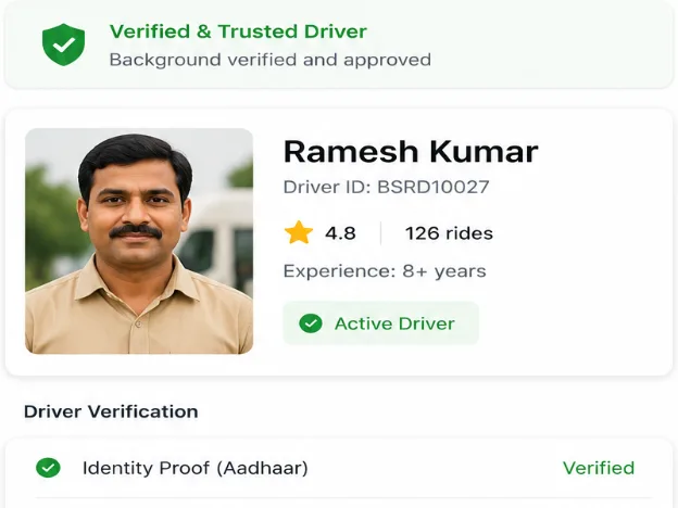 Driver details screen — verified and trusted driver with identity, licence, police verification and training all marked verified