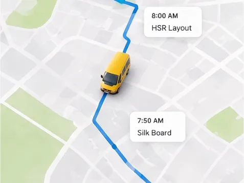 Live tracking screen in the parent app — the school van moving on the map between home and school, with ETA
