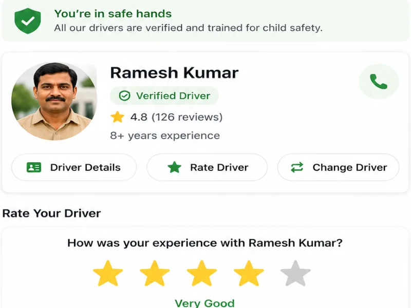 Driver and ride screen — star rating for the driver and a Change Driver button that assigns a new verified driver