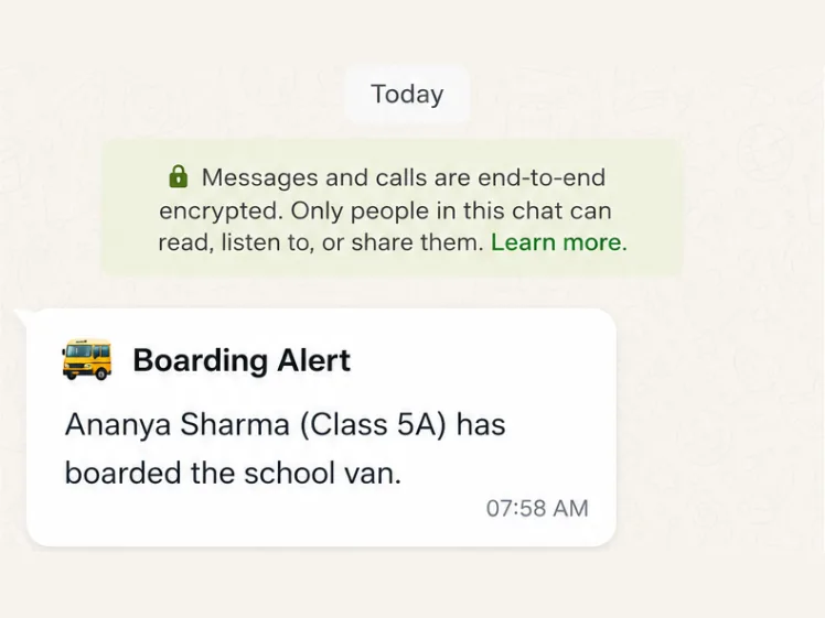 WhatsApp chat from Bharat School Ride with boarding, approaching and arrival alerts for the child’s ride