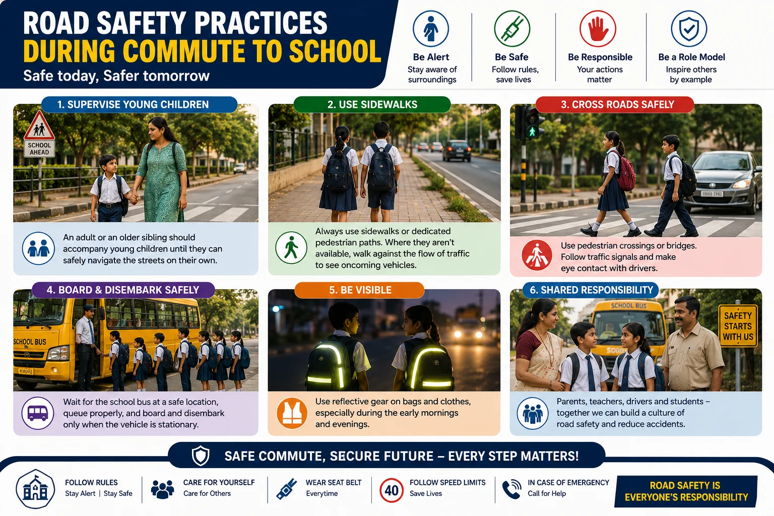 Road safety practices during commute to school — infographic covering six practices: supervise young children, use sidewalks, cross roads safely, board and disembark safely, be visible with reflective gear, and shared responsibility between parents, teachers and drivers